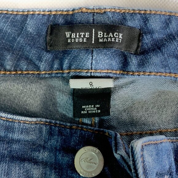 WHBM Blanc Women's Mid Rise Stretch Cropped Flare Blue Denim Jeans Size 8 - Picture 7 of 13